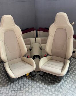 Porsche 911 992 Carrera Interior – Cream Leather, Porsche Crest Headrests, Burgundy Door Rail, Heated, OEM